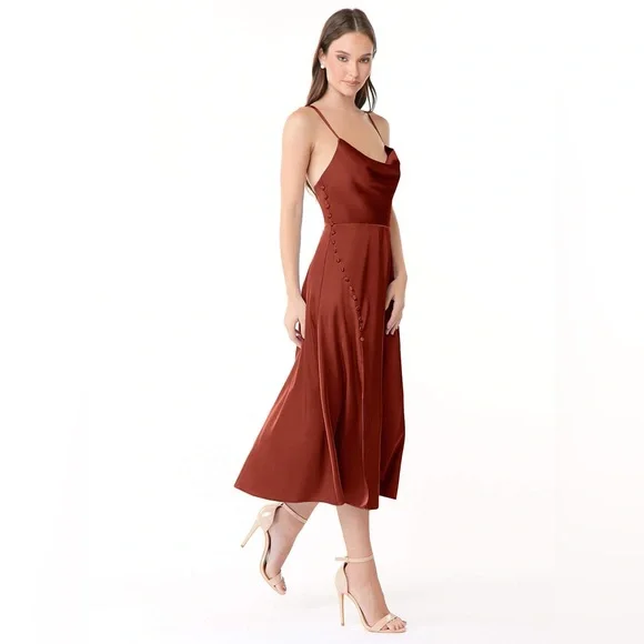 Azazie | Dresses | Azazie Aline Side Slit Stretch Satin Tealength Dress  Terracotta | Poshmark